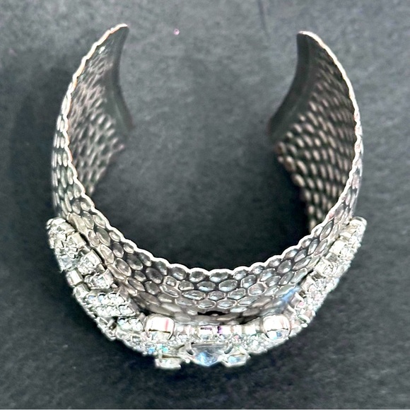 Repurposed Wide Open Cuff Bracelet Bling Rhinestones OOAK Hammered Silver Tone 7 - Picture 3 of 11